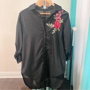 Another Story | Black Embroidered Rose Decal Button Down Shirt Medium